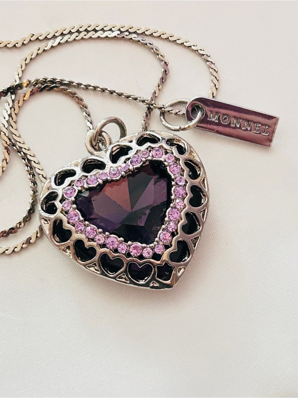 Monnel Purple Crystal Heart Charm Necklace